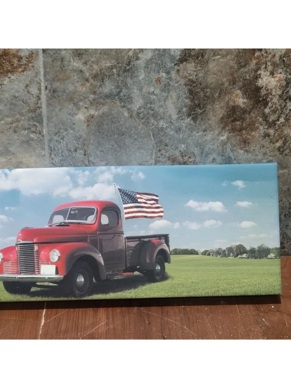 Wall Decor Hanging Picture Red Truck American Flag USA